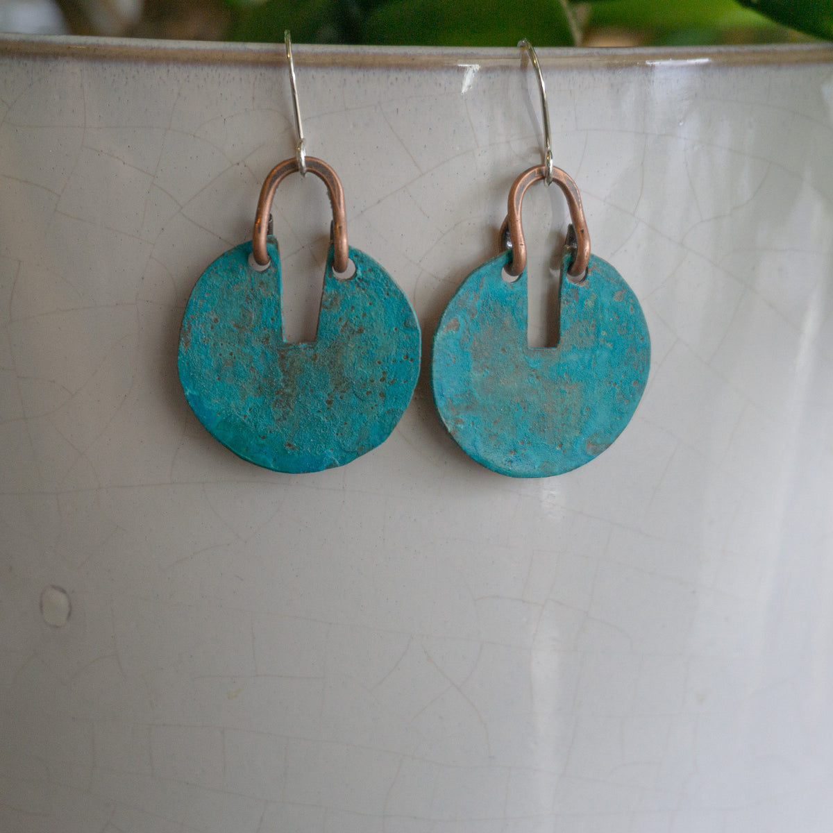 Kinetic Verdigris Sundial Earrings