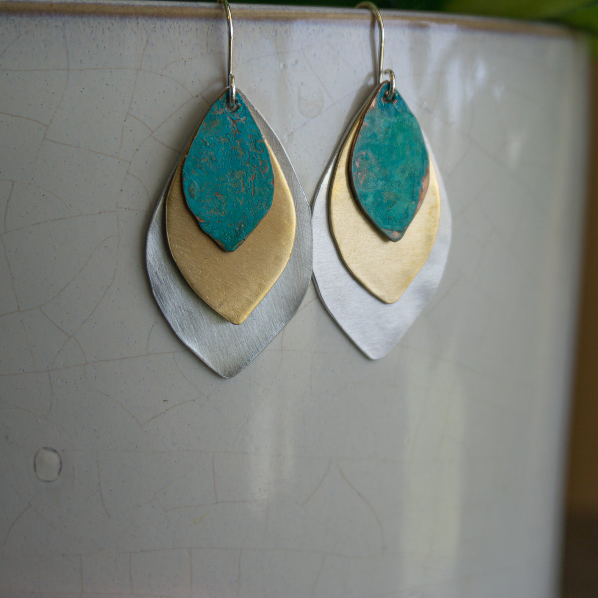 Verdigris Triple Leaf Earrings