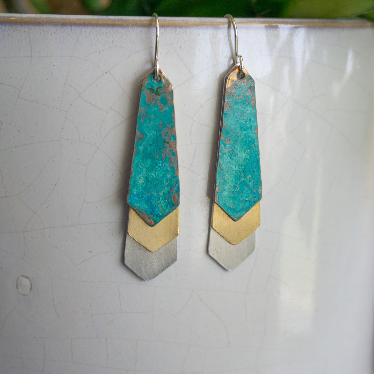Verdigris Triple Arrow Earrings