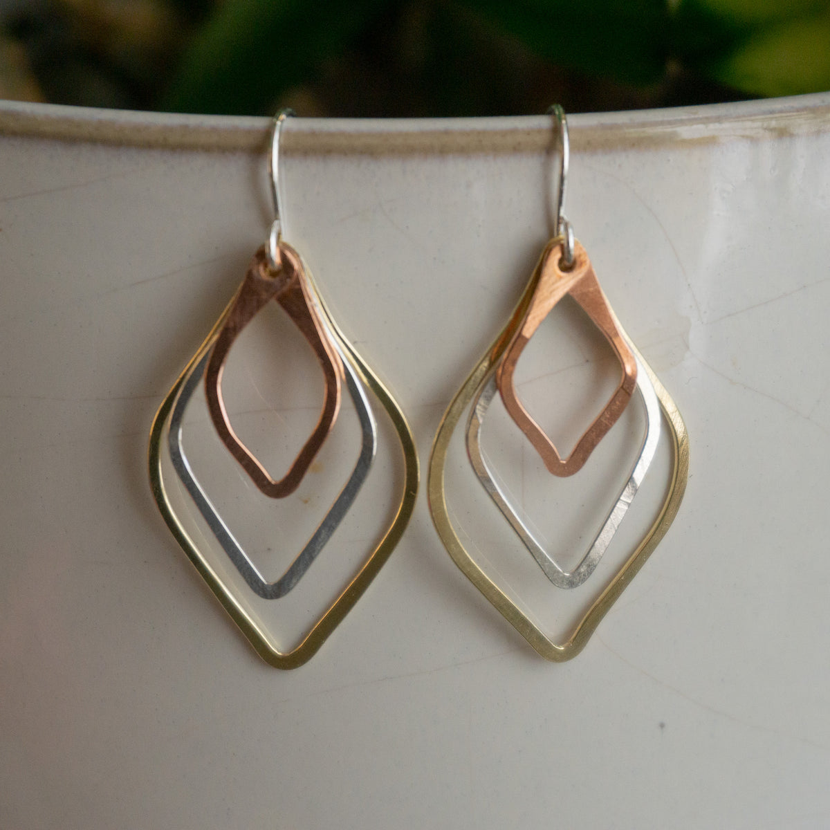 Kinetic Tri-Tone Triple Leaf Wire Earrings