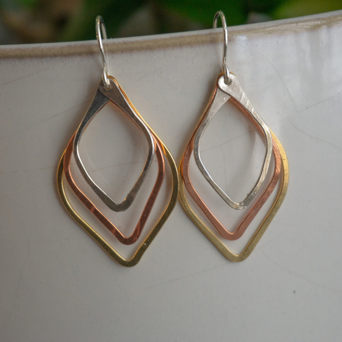 Kinetic Tri-Tone Triple Leaf Wire Earrings