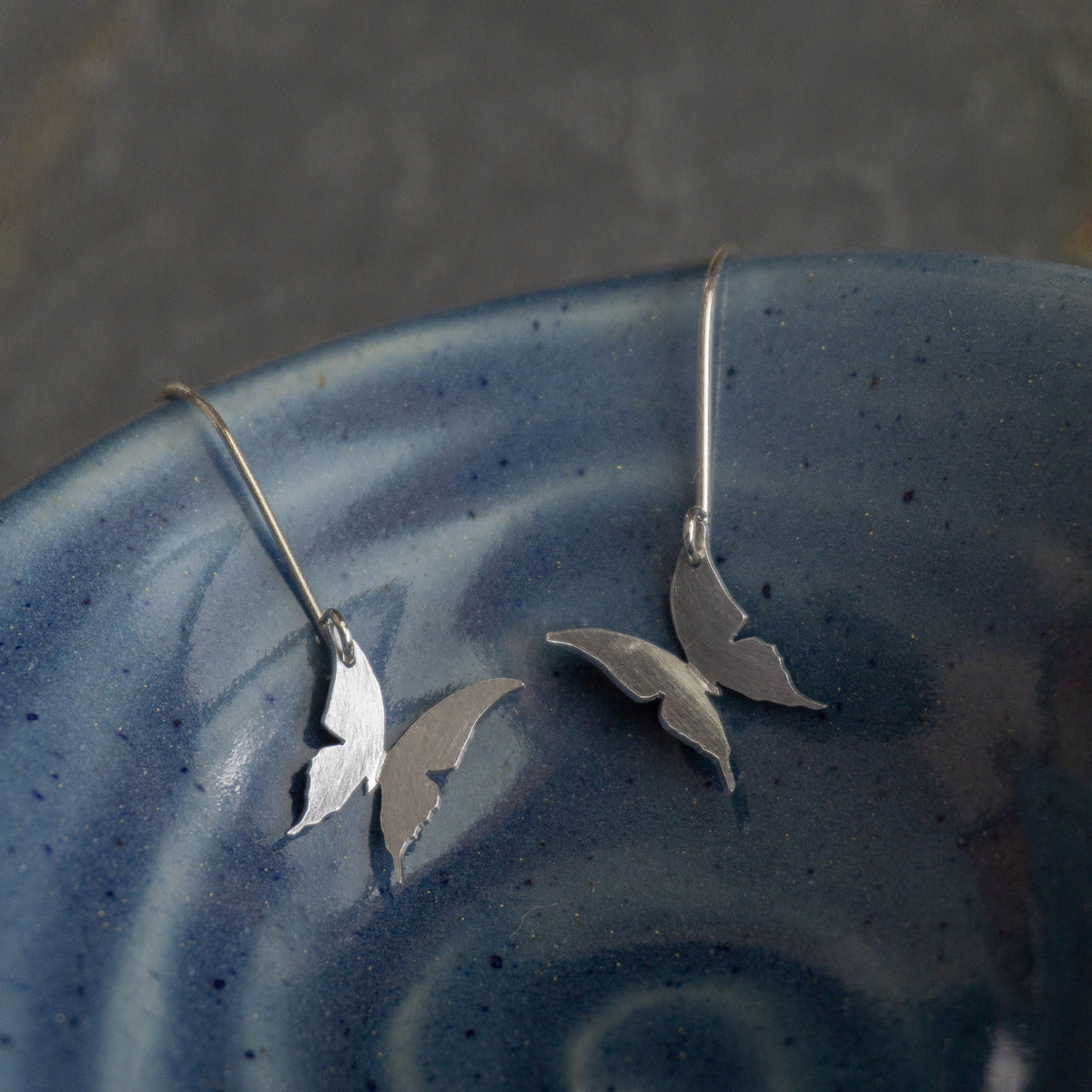 Large Brushed Aluminum Butterfly Drop Earrings